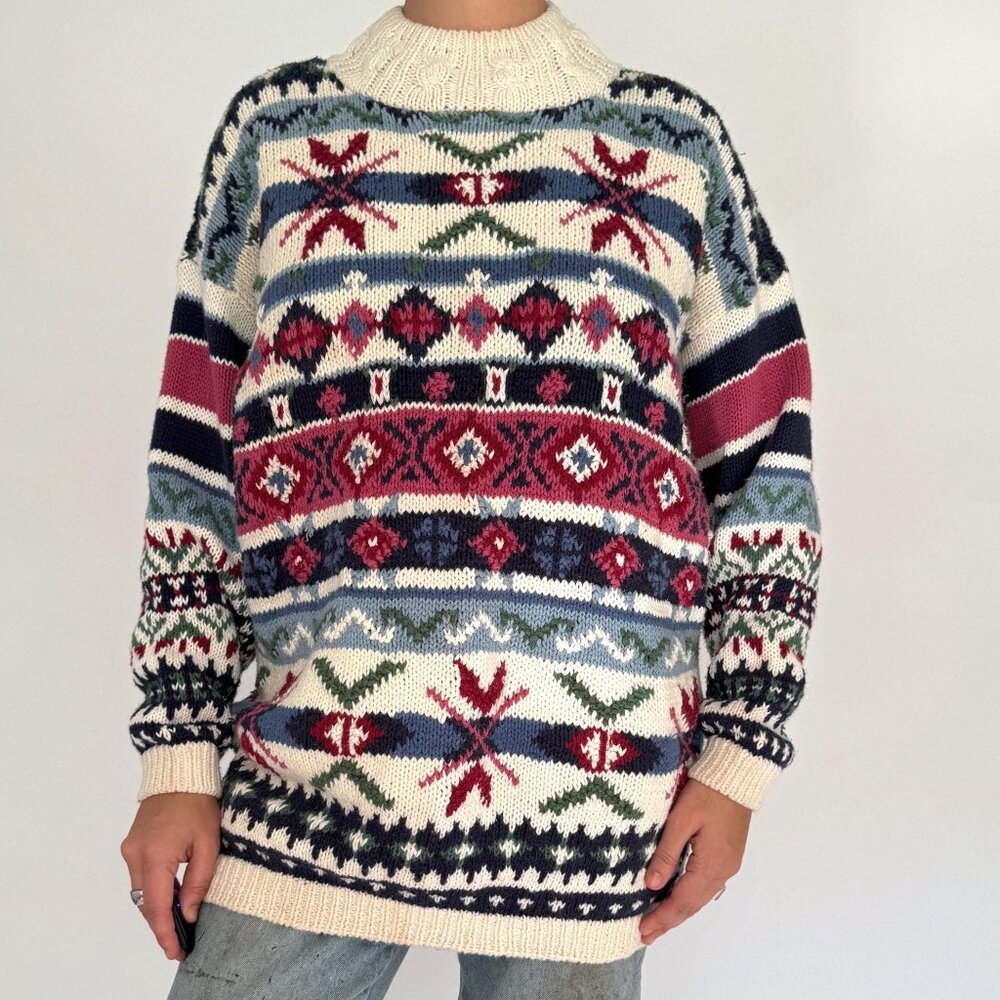 90s vintage floral fair isle grandma print cotton ramie thick cable knit sweater